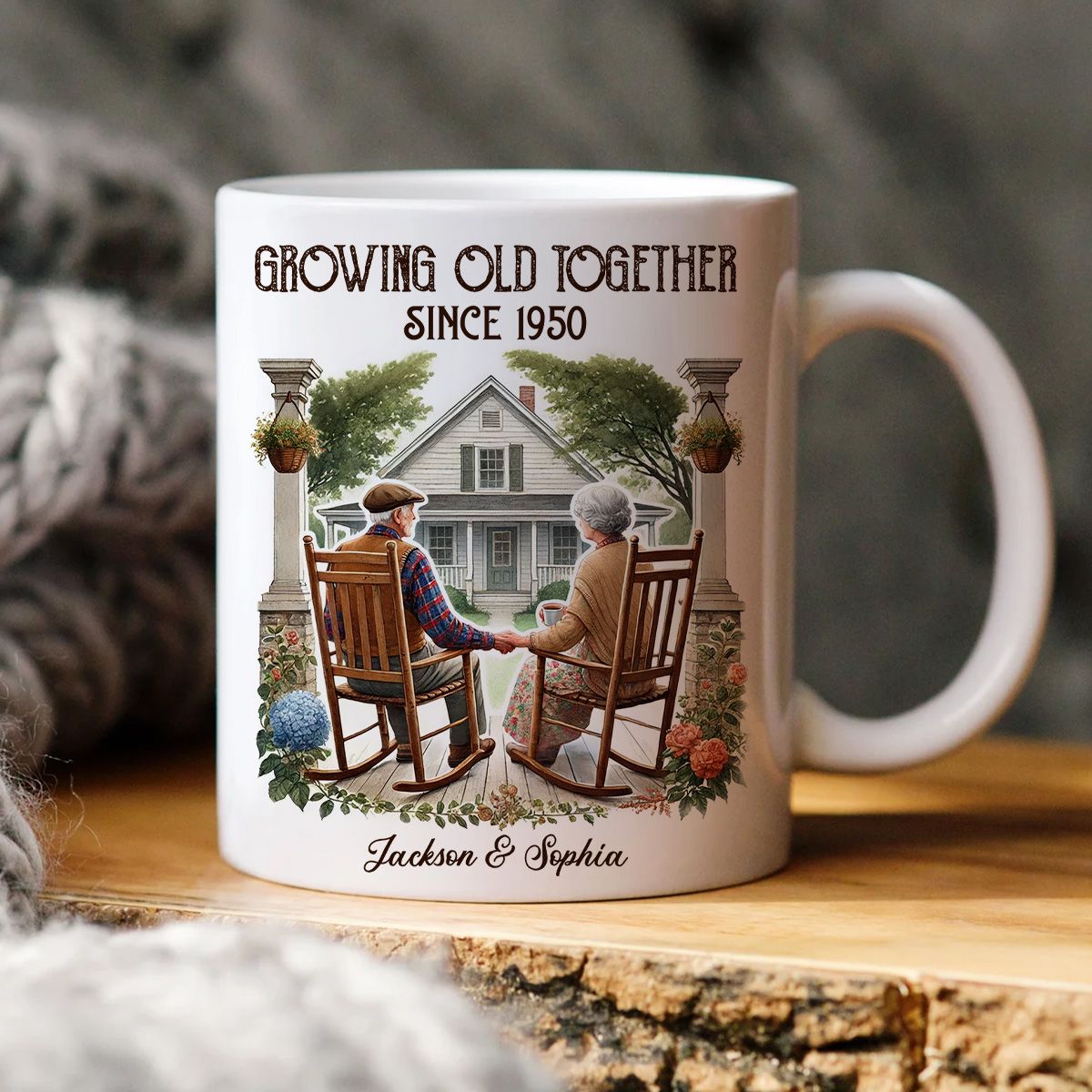 Couple Sitting On The Porch Growing Old Together Since Personalized Mug, Heartfelt Valentine's Day Gift For Couple, For Him, For Her, Husband, Wife