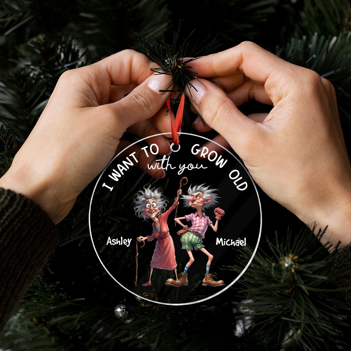 Quirky Funny Old Couple Elderly People Personalized Acrylic Ornament, Christmas Gift