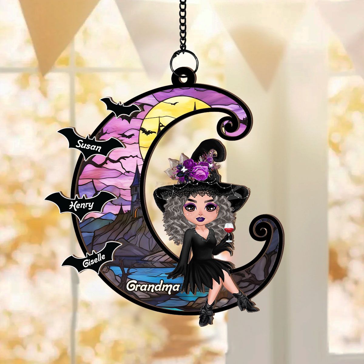 Grandma Mom Witch On Moon Personalized Suncatcher, Halloween Decor