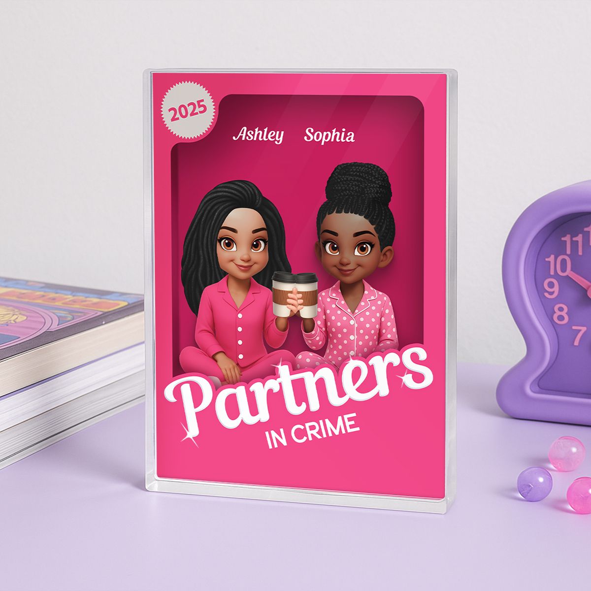 Pink Pajamas Besties 3D Effect Action Figure Personalized Acrylic Block