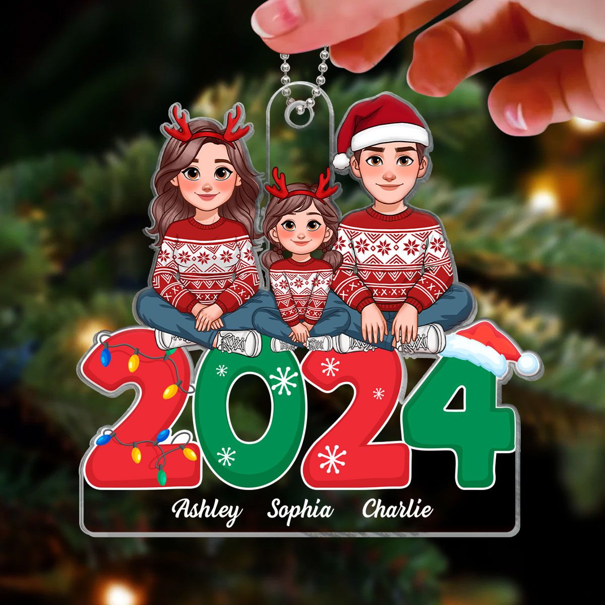 Animated Family Sitting On 2024 Christmas Personalized Acrylic Ornament