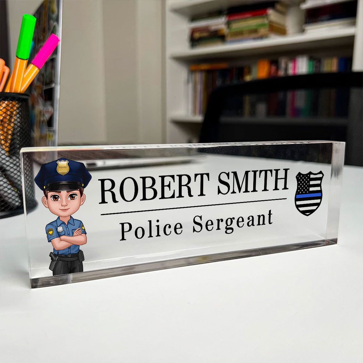 Police Thin Blue Line Personalized Acrylic Desk Name Plate, Office Decor, Appreciation Gift, Christmas Gift For Police Officers, Sheriff, Deputy Sheriff