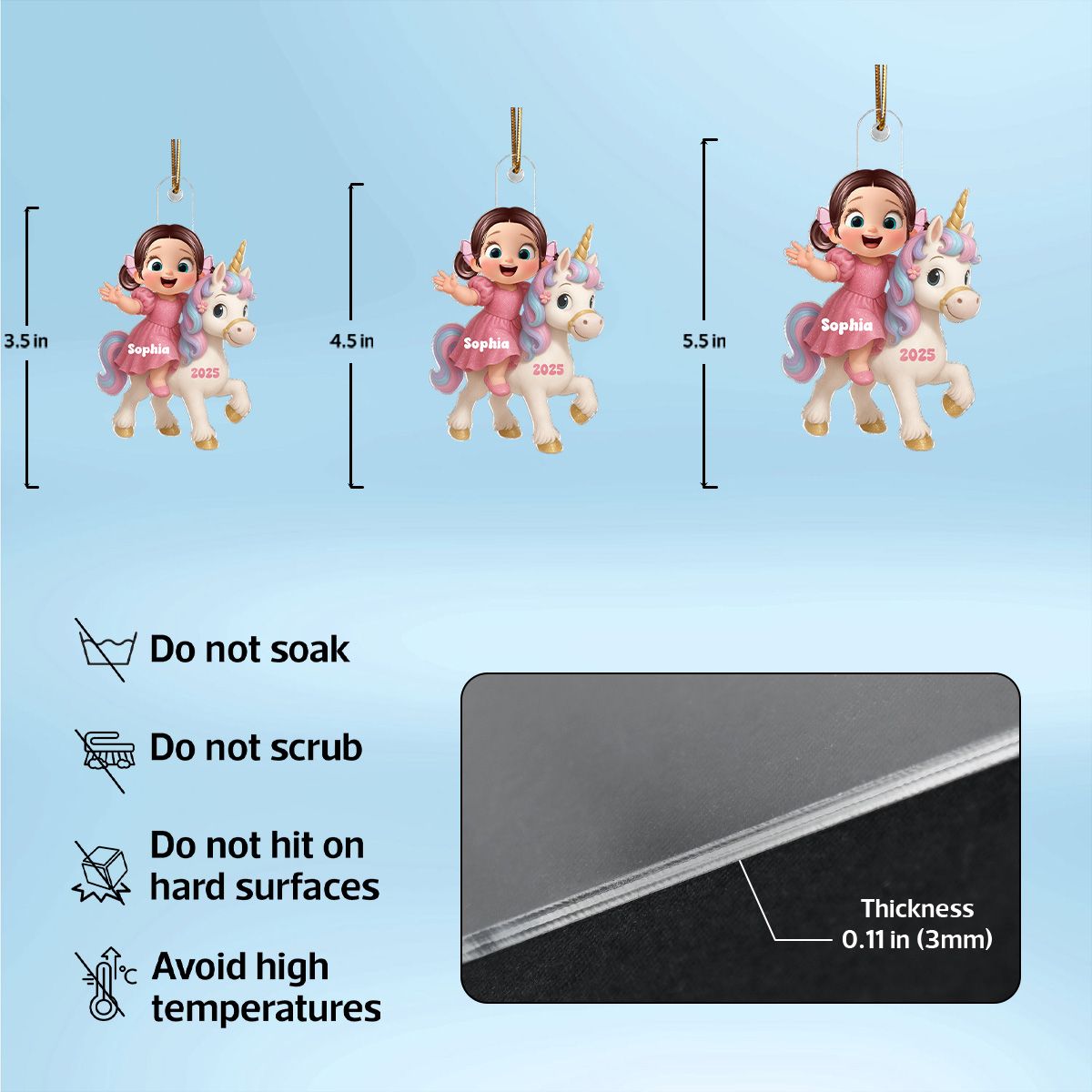 3D Effect Cute Cartoon Kid With Unicorn Christmas Personalized Flat Acrylic Ornament