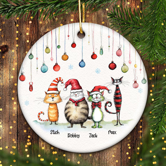 Quirky Christmas Cat Whimsical Funny Silly Holiday Cats Personalized Circle Ceramic Ornament
