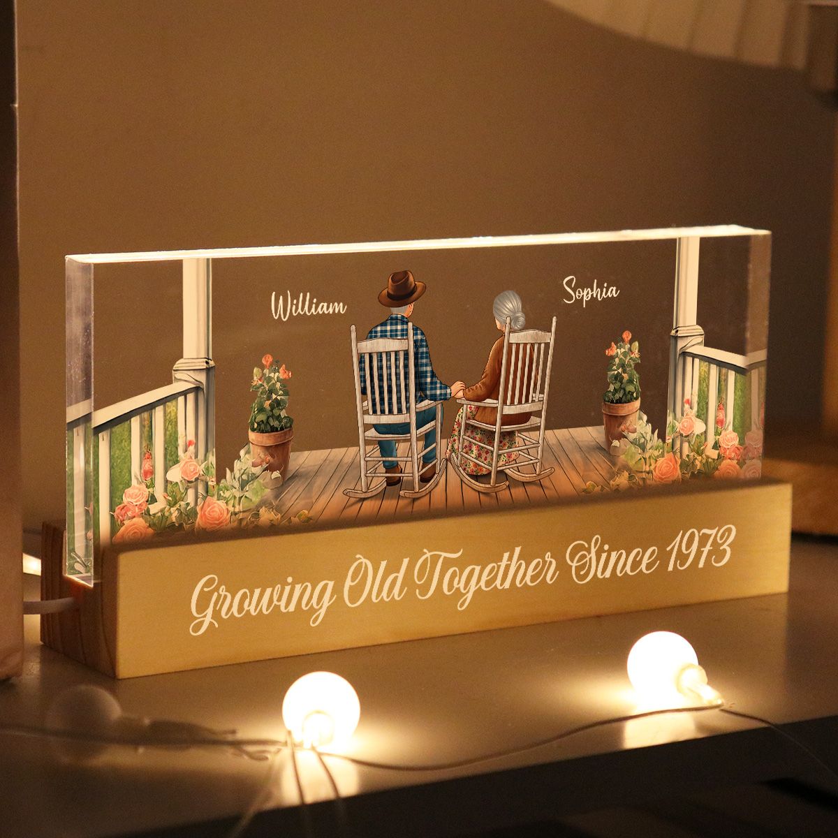 Old Couple Sitting Together On The Porch Personalized Acrylic Block LED Night Light Gift For Him, For Her, Husband, Wife