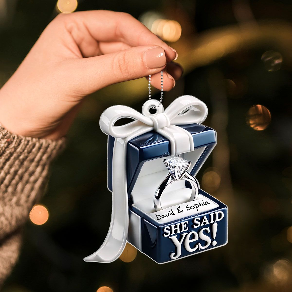 Personalized Blue Engagement Ring Box Personalized 2D Flat Acrylic Ornament, Anniversary Gift for Couple