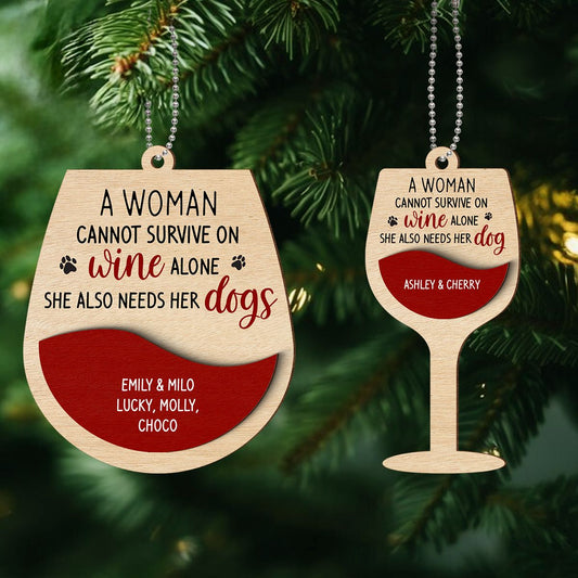 Woman Loves Wine and Dogs Personalized 2-Layered Wooden Ornament, Christmas Gift for Dog Moms