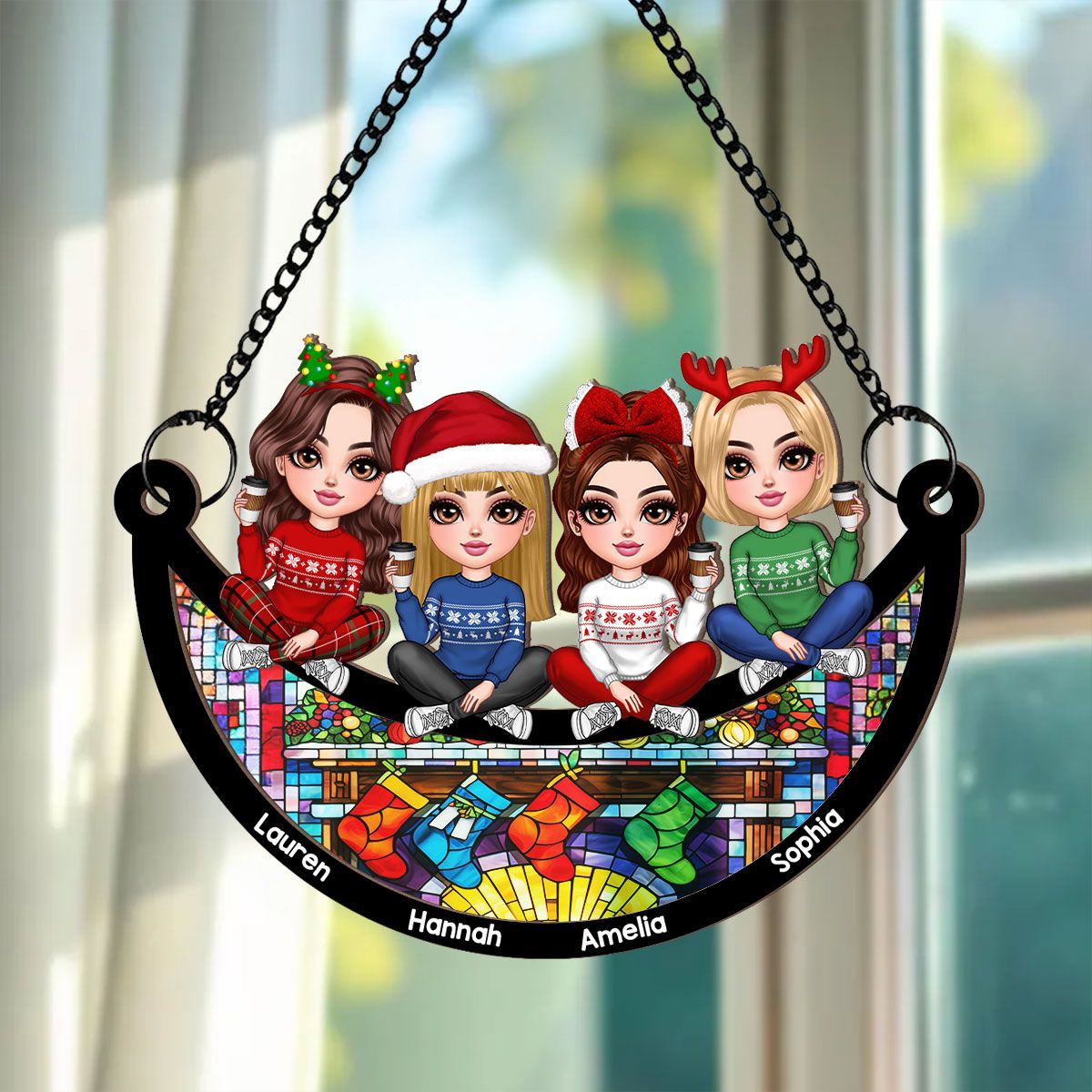 Christmas Besties Sisters Faux Stained Glass Personalized Suncatcher Ornament