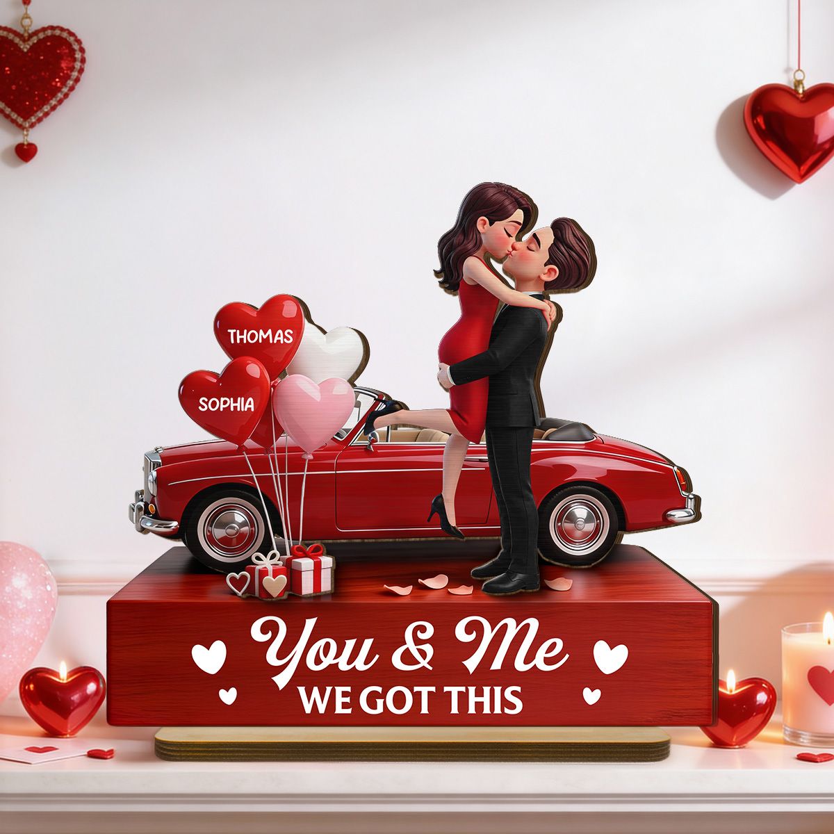 Valentine Car Romantic Couple Hugging Kissing - Personalized 2-Layered Wooden Plaque - Valentine's Day Gift For Couple