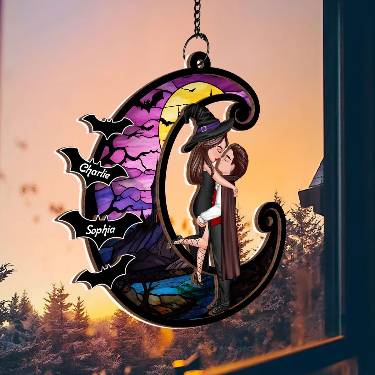 Halloween Couple Hugging Kissing On Moon Personalized Suncatcher, Halloween Decor