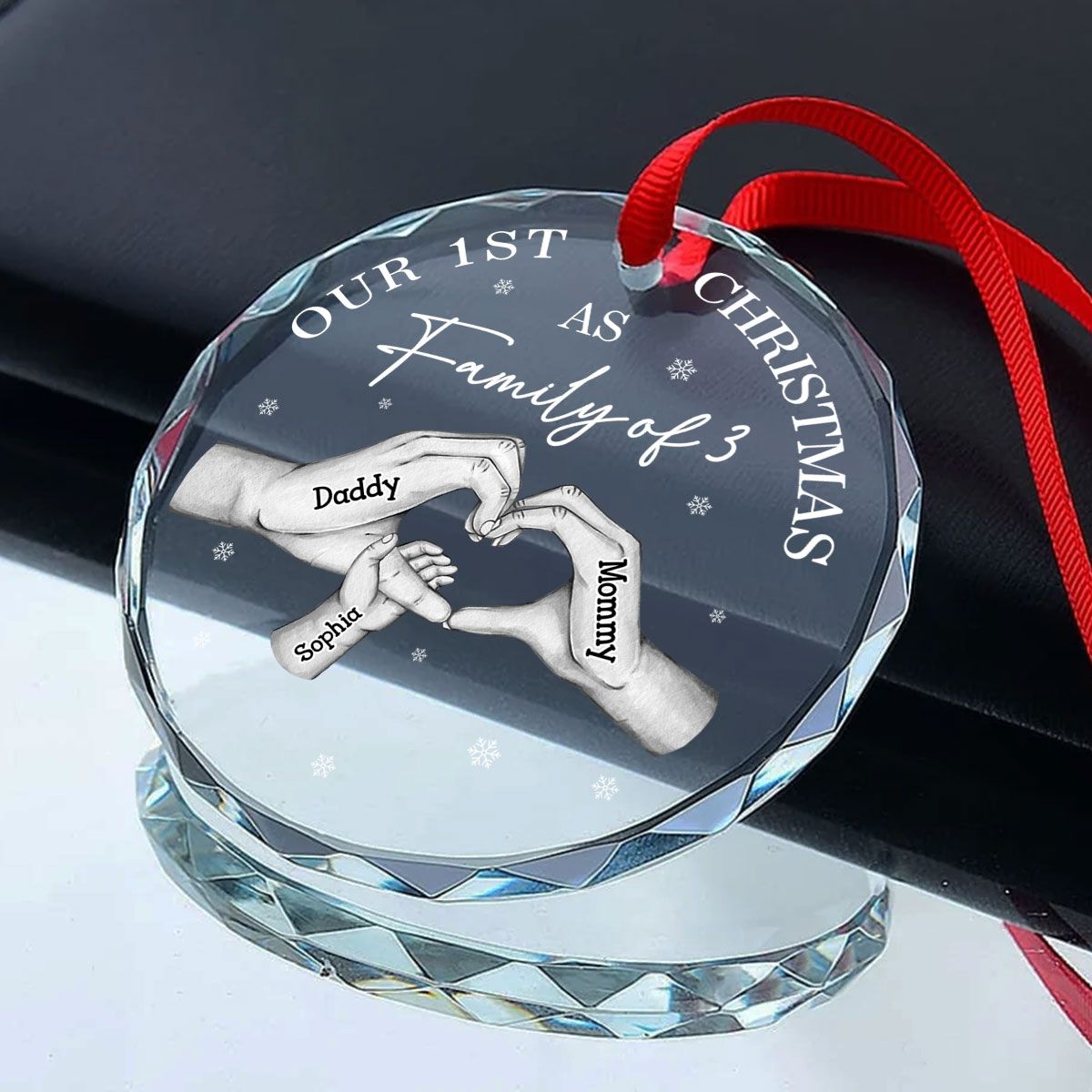 First Christmas As Family Of Three Family Heart Hands Personalized Glass Ornament