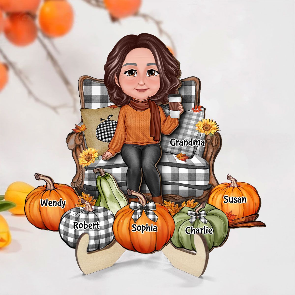 Grandma Sitting On Chair Pumpkins Personalized 2-Layer Wooden Plaque