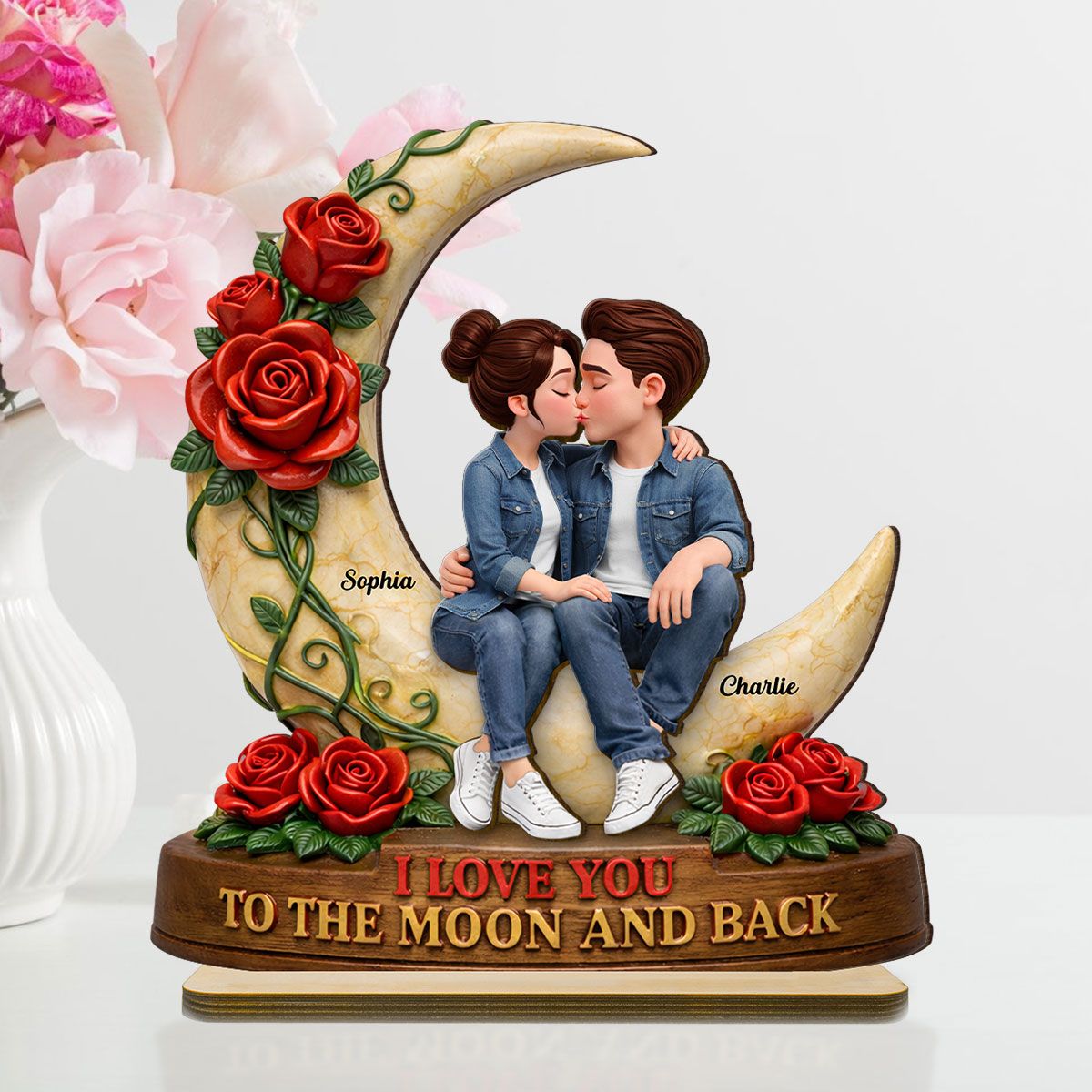 Couple Eternal Love to the Moon and Back - Personalized 2-Layered Wooden Plaque - Sentimental Valentine's Day Gift for Her, for Him