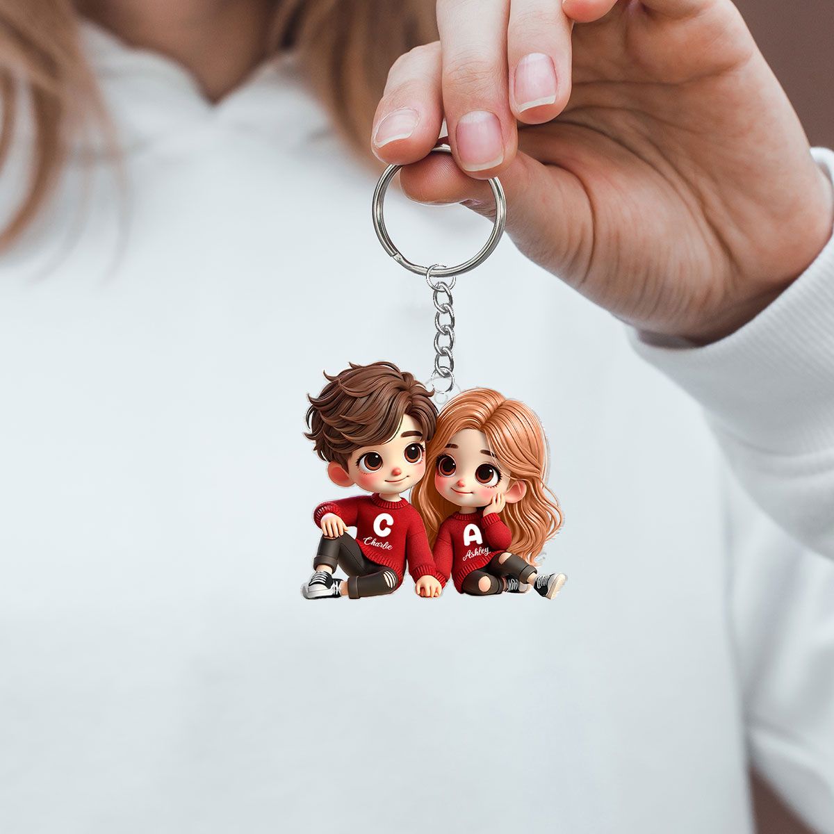 Cute Couple Sitting Together Personalized Acrylic Keychain, Gift for him, Gift for her