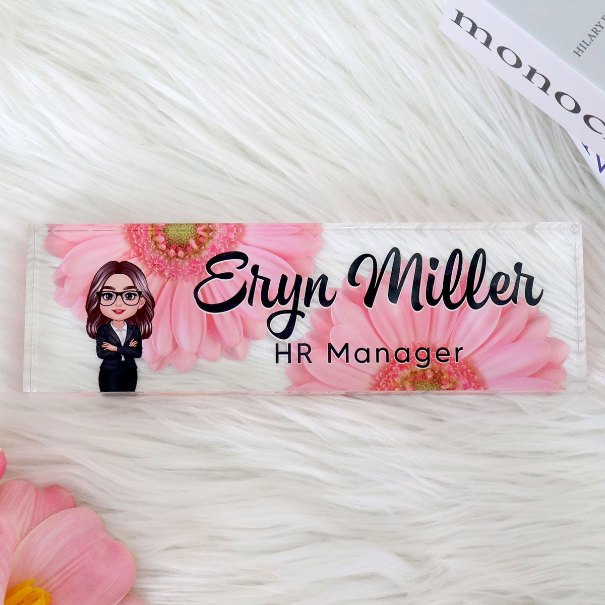 Daisy Flowers Woman Office Personalized Acrylic Desk Name Plate, Office Desk Decor, Gift For Colleagues, Coworkers, Boss, Nurses, Doctors, Healthcare Workers, Police, Firefighters