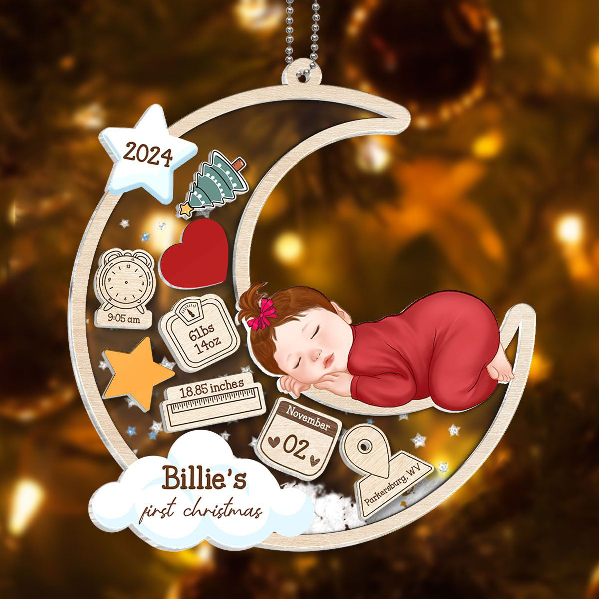 Baby Sleeping On Moon First Christmas Personalized Acylic Ornament, Custom Newborn Gift