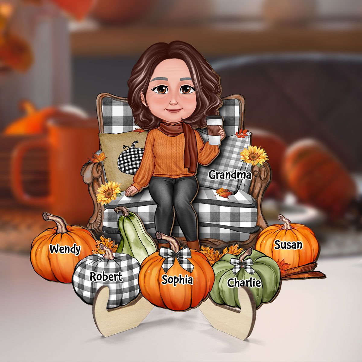 Grandma Sitting On Chair Pumpkins Personalized 2-Layer Wooden Plaque