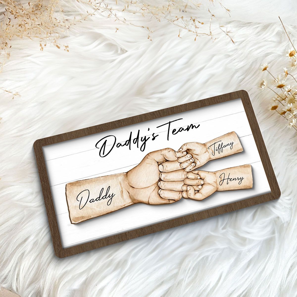 Daddy's Team Fist Bump Personalized 2-Layer Wooden Plaque