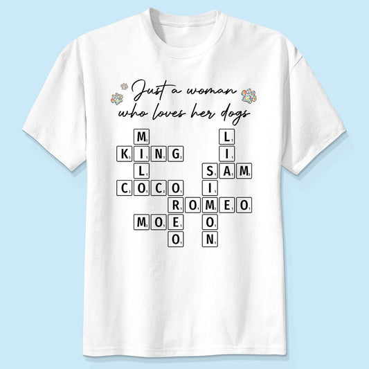 Just A Woman Who Loves Dogs Cats Crossword Puzzle Art Personalized Shirt
