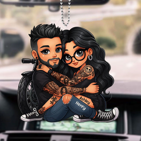 Biker 3D Cartoon Effect Couple Personalized Acrylic Car Ornament, Gift for her, Gift for him, Motorcycle Lovers