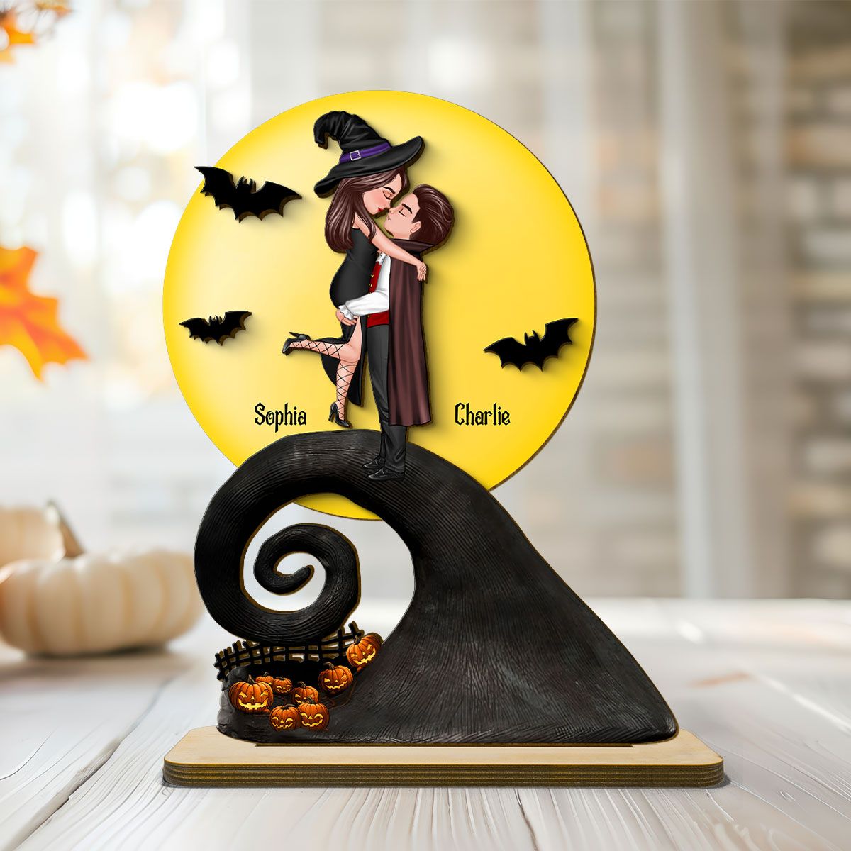 Halloween Couple Hugging Kissing On Cliff Personalized 2-Layer Standing Wooden Plaque, Gift for Her, Gift for Couple