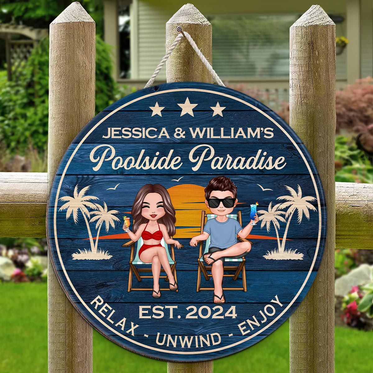 Doll Couple Sitting Poolside Paradise Personalized Wood Sign