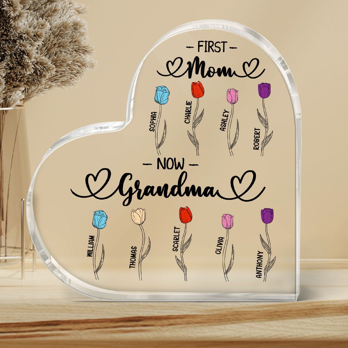 First Mom Now Grandma Tulip Flowers Personalized Heart Acrylic Block Plaque