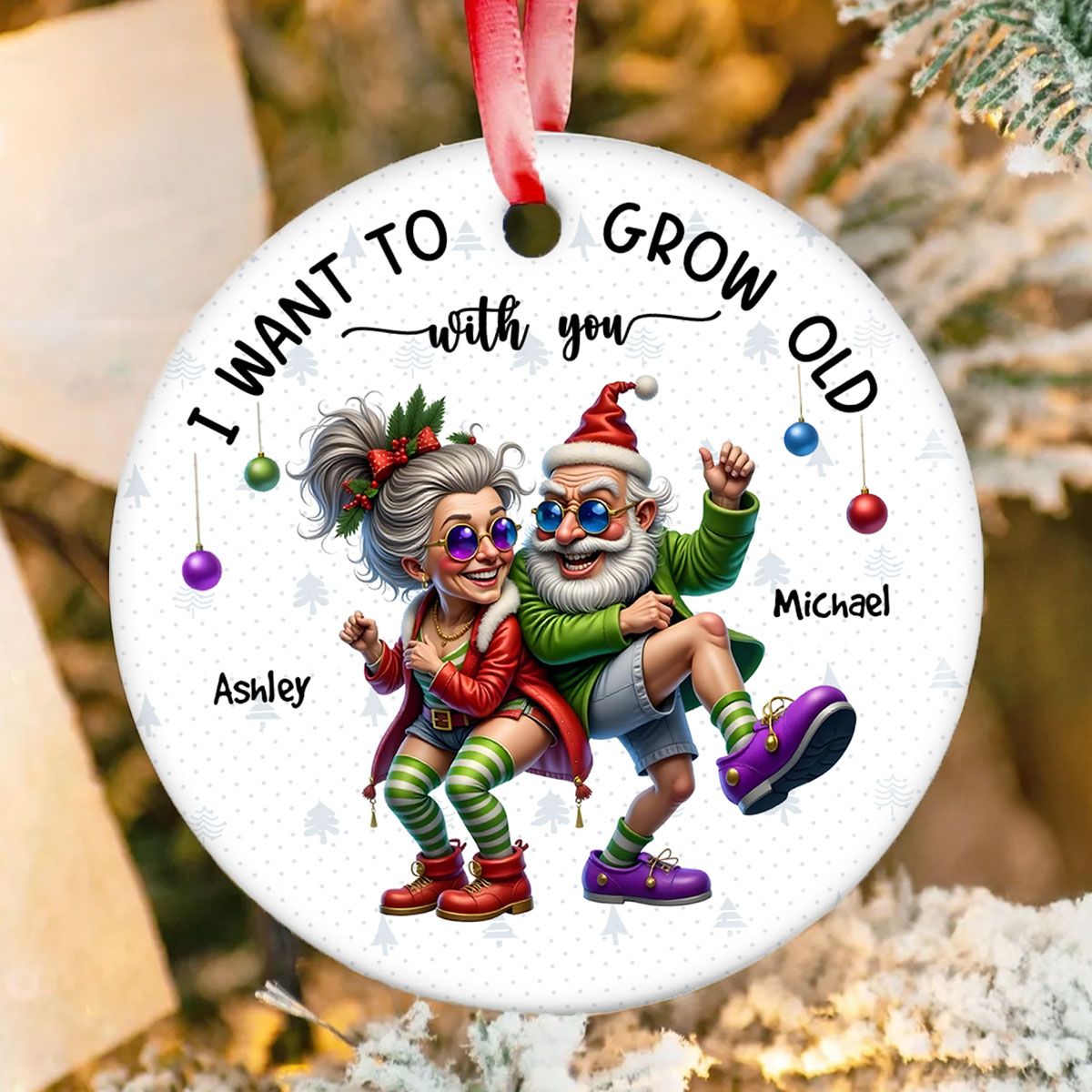 Funny Elderly Couple Christmas Party Whimsical Holiday Personalized Ceramic Ornament