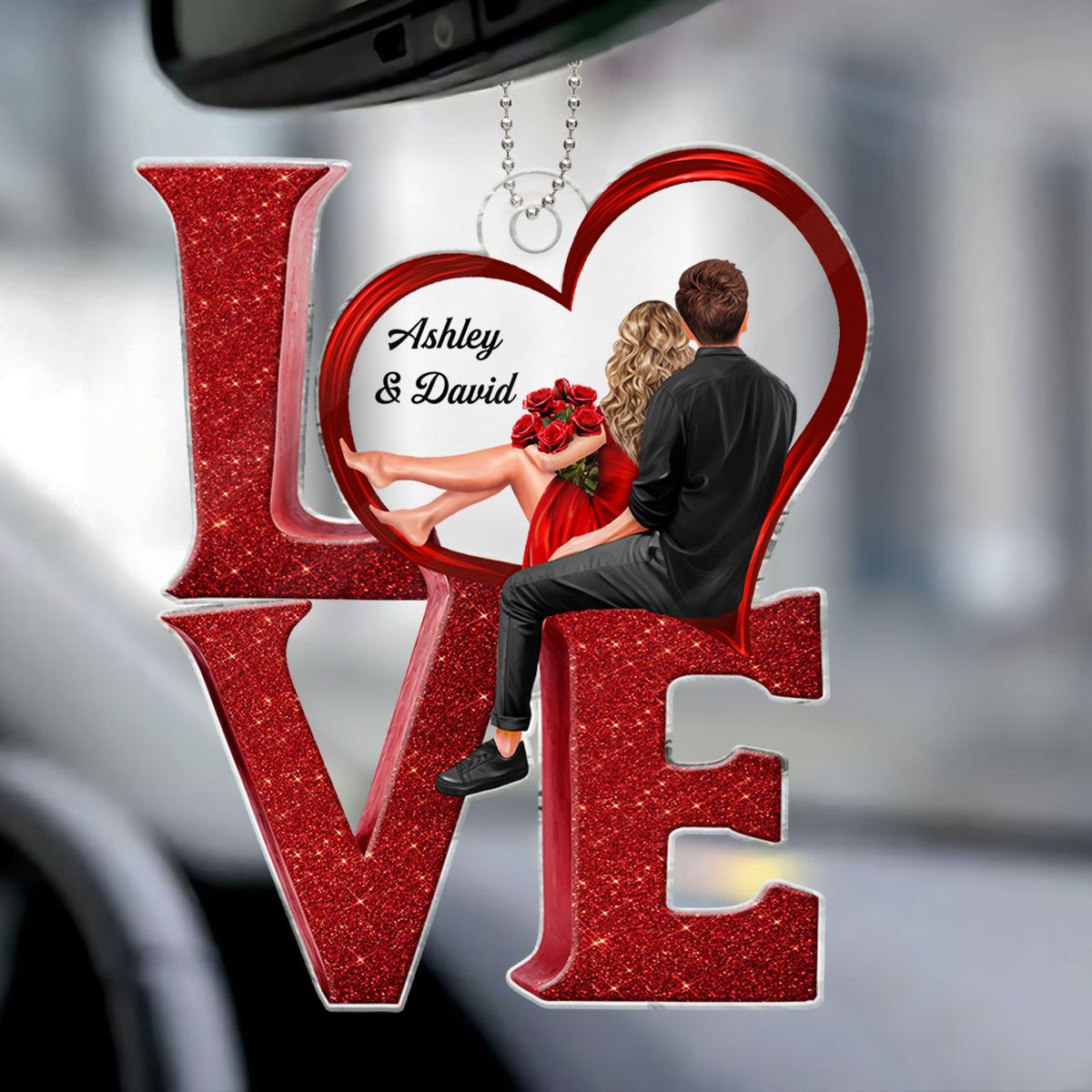 LOVE Couple Heart Car Hanger Ornament, Personalized Couple Decoration Keepsake For Valentine's Day, Special Gift For Her, For Him