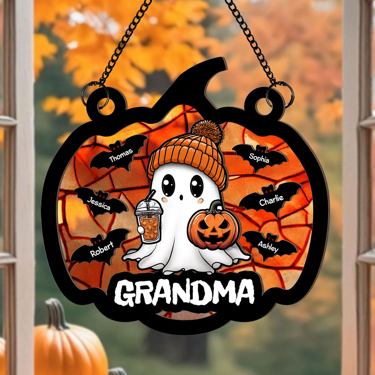 Fall Season Halloween Grandma Boo Personalized Suncatcher, Halloween Decoration