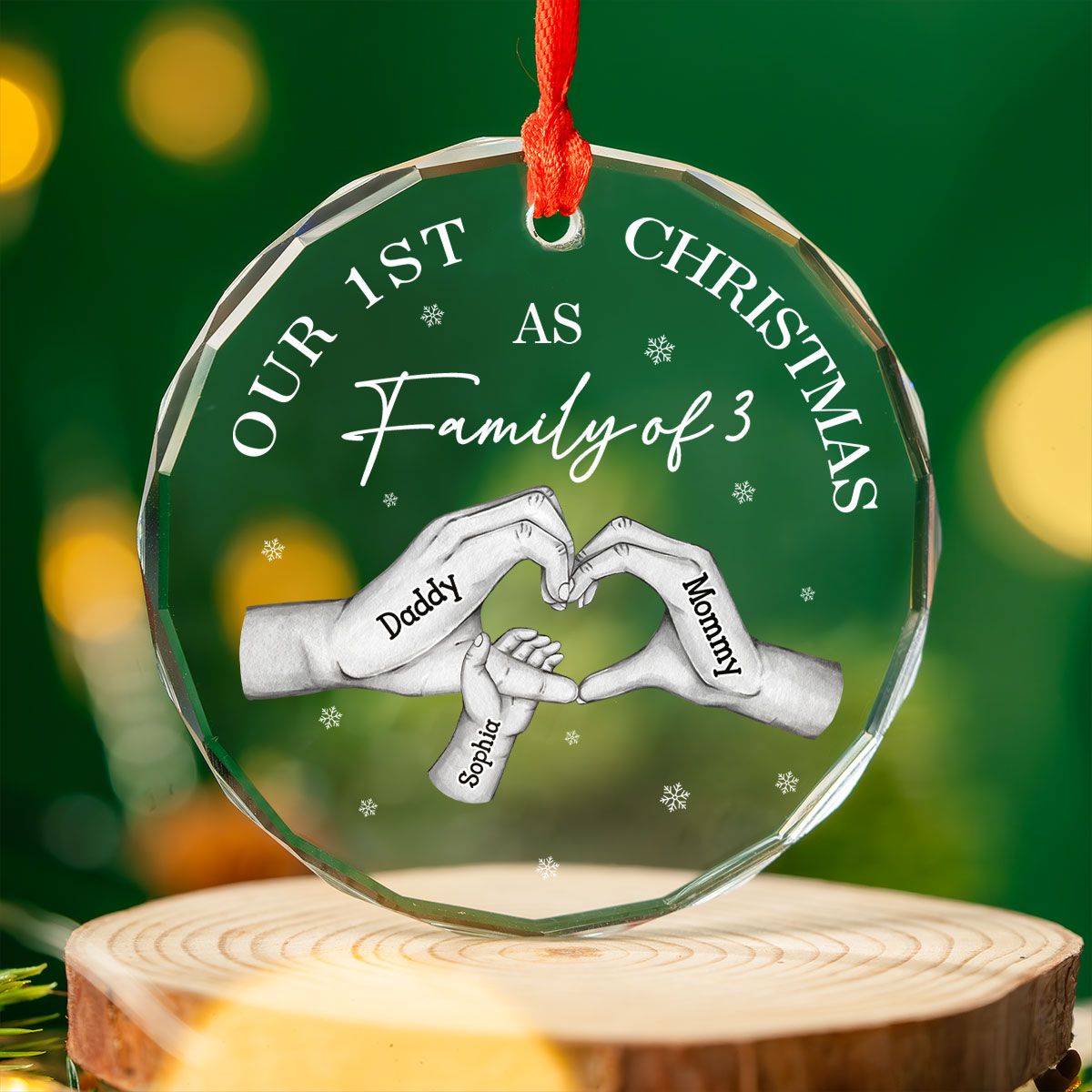 First Christmas As Family Of Three Family Heart Hands Personalized Glass Ornament