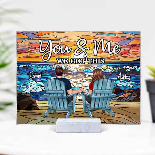 Stained Glass Back View Couple Sitting Beach Landscape Personalized Acrylic Plaque