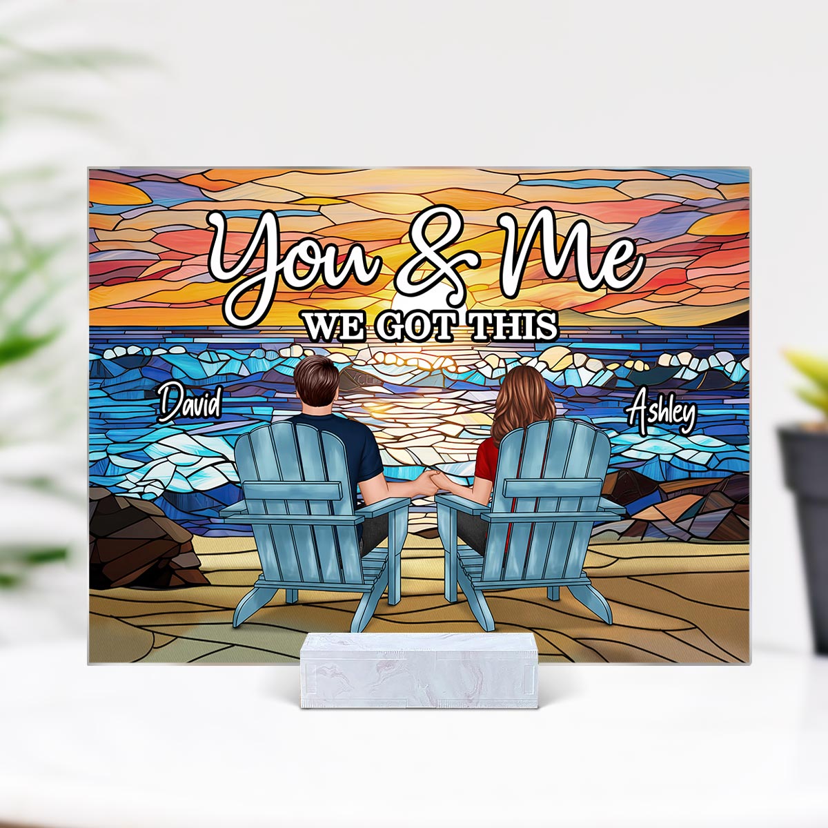 Stained Glass Back View Couple Sitting Beach Landscape Personalized Acrylic Plaque