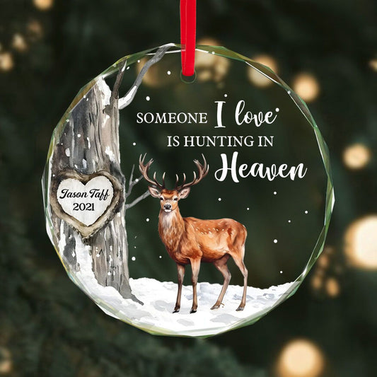 Hunting In Heaven Memorial Winter Personalized Glass Ornament