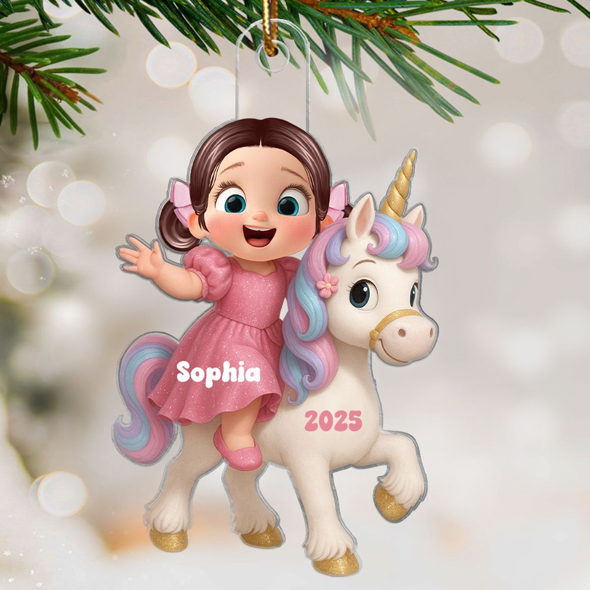 3D Effect Cute Cartoon Kid With Unicorn Christmas Personalized Flat Acrylic Ornament