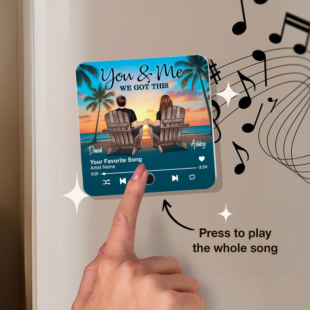 Couple Beach Sunset Under Tree Palm Personalized Music Fridge Magnet, Anniversary gift for him, for her