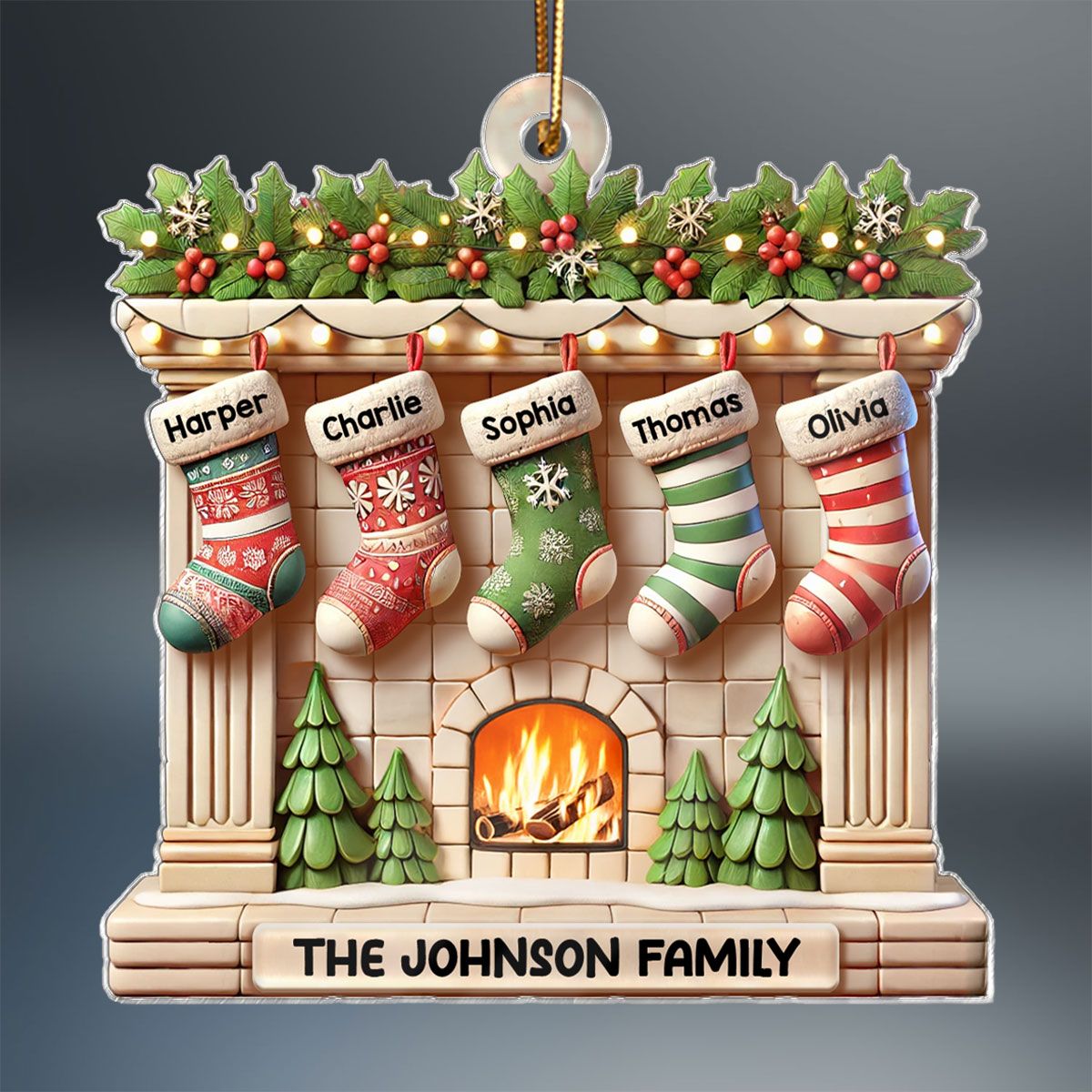 Realistic Family Christmas Stockings On Mantel Effect Personalized Acrylic Ornament