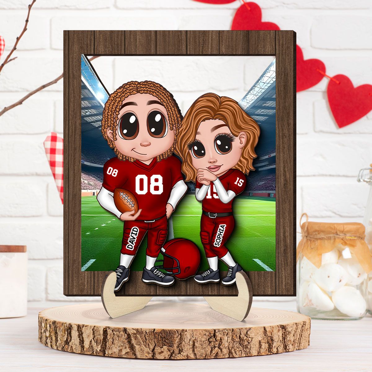 American Football Couple Y2K Style At Field Personalized 2-Layer Wooden Plaque, Valentine's Day Gift for Couples