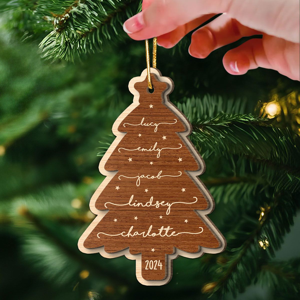 Beautiful Christmas Tree With Family Members Names Personalized 2-Layer Wooden Ornament