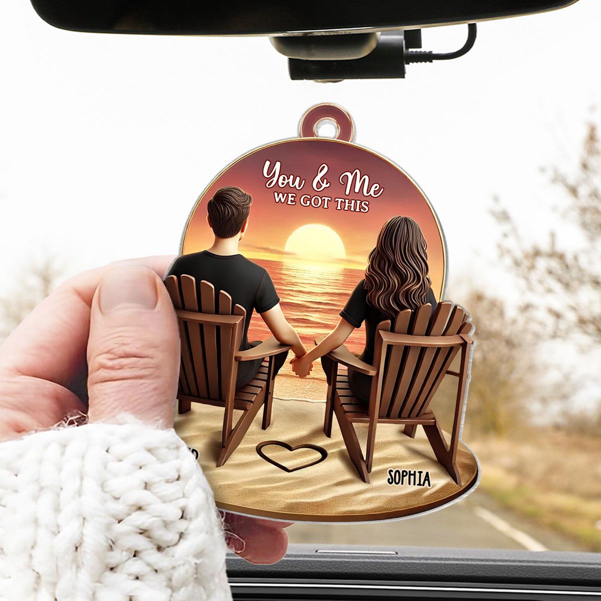 Couple Beach Landscape Retro Vintage Personalized Car Hanger, Anniversary Gift For Couple