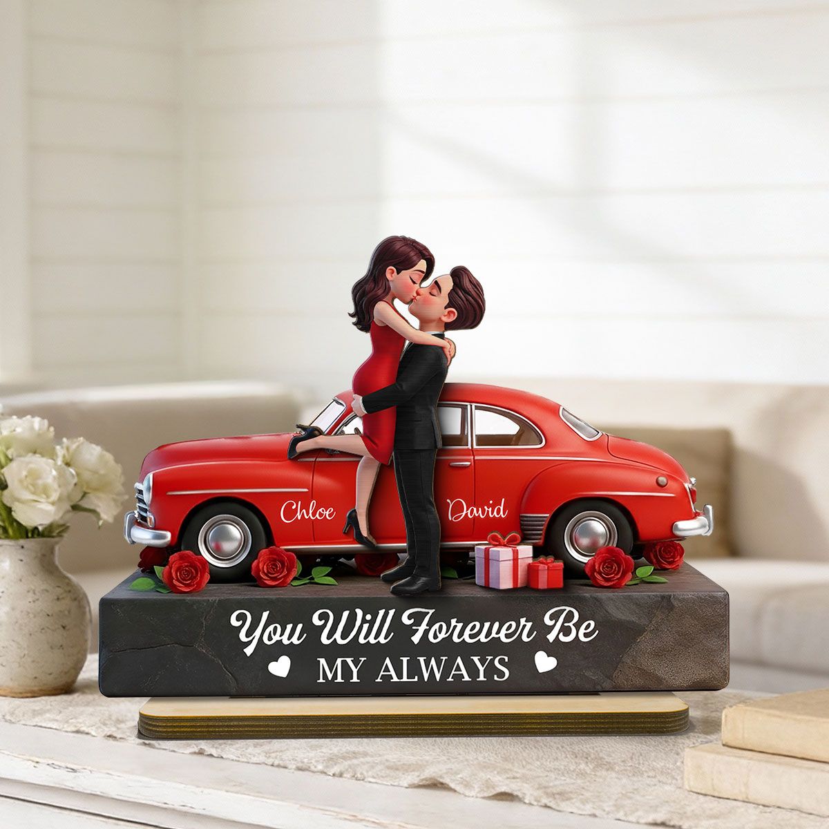Romantic Couple Hugging Kissing Valentine Car - Personalized 2-Layered Wooden Plaque - Valentine's Day Gift For Couple