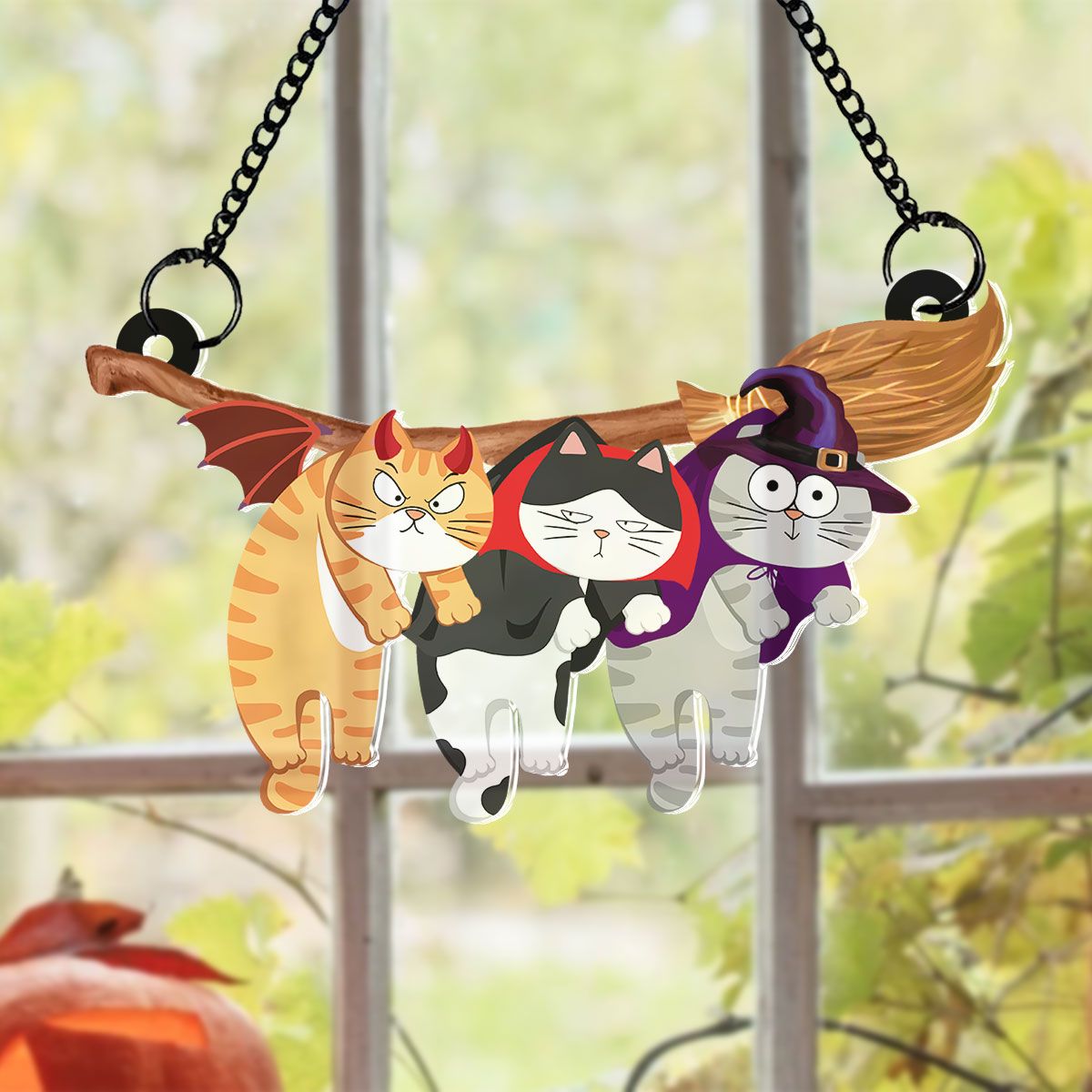 Naughty Cats Hanging On Halloween Broom Personalized Suncatcher, Halloween Decor