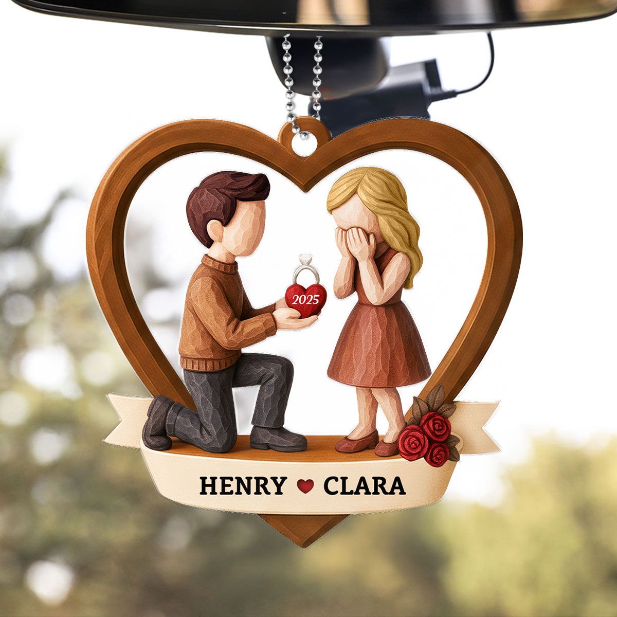 Couple Marriage Proposal 3D Wooden Effect - Personalized Acrylic Car Hanger - Newly Engaged Gift, "She Said Yes!"