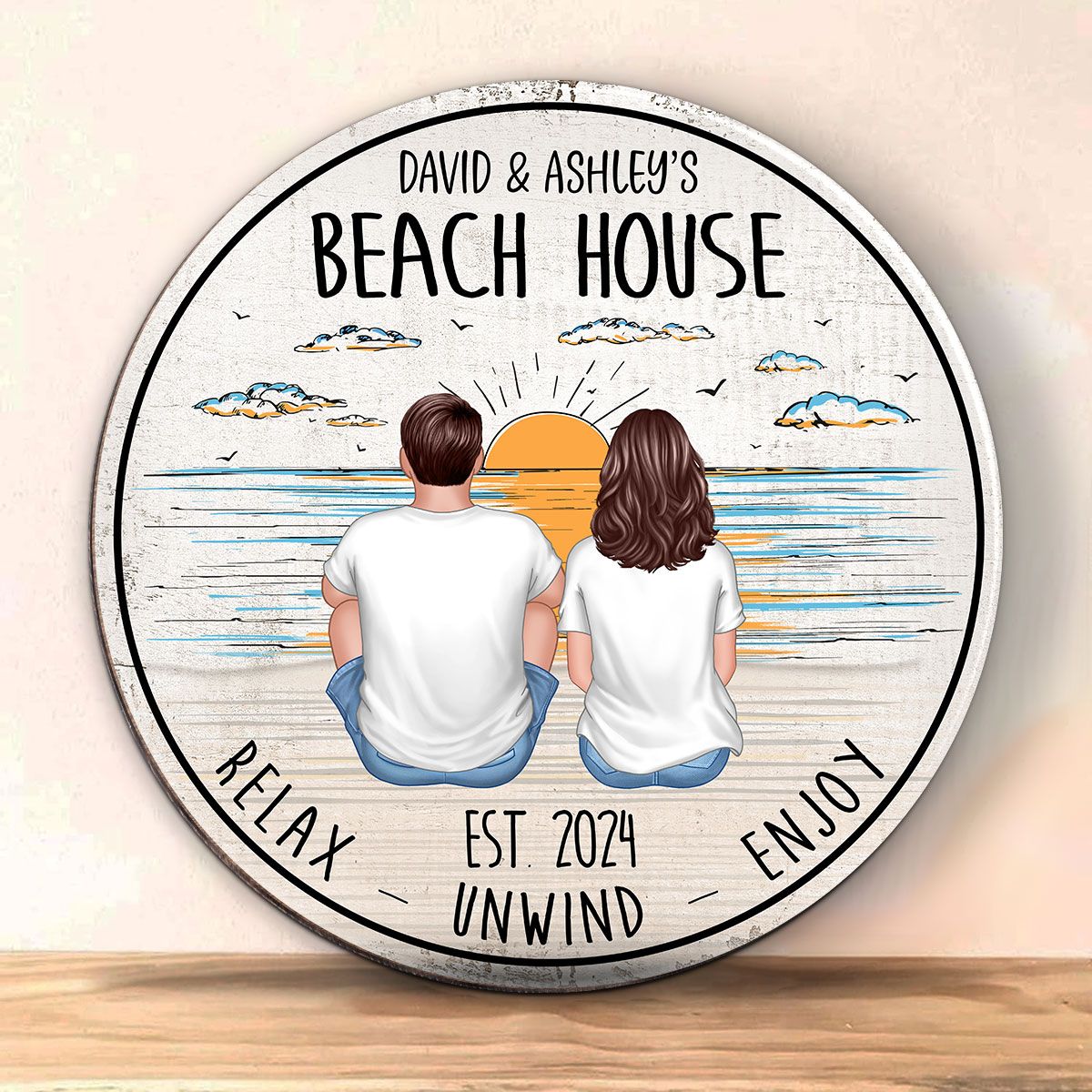 Couple Back View Beach Outline Background Personalized Wood Sign