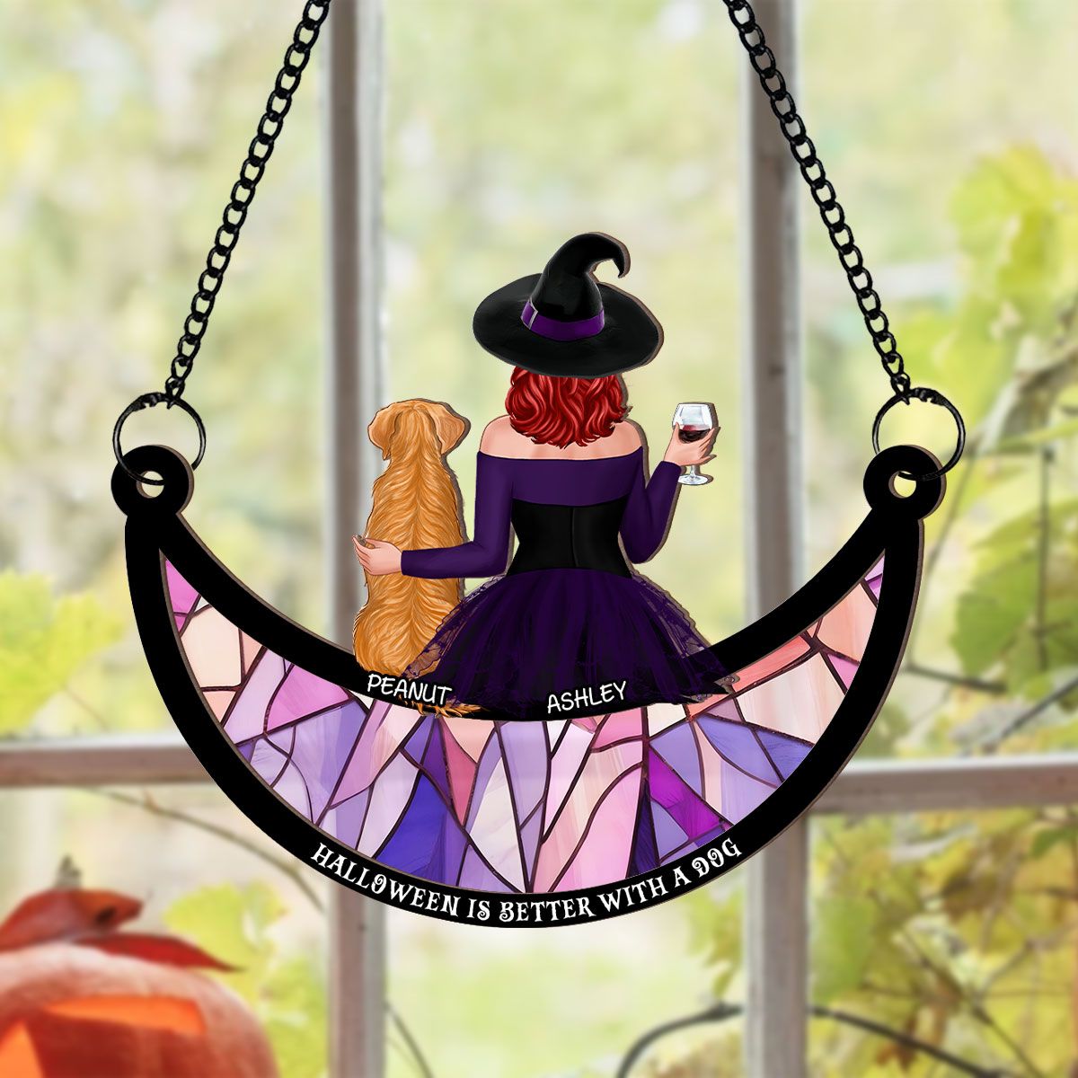 Crazy Dog Witch On Moon Personalized Window Hanger Suncatcher, Halloween Decor