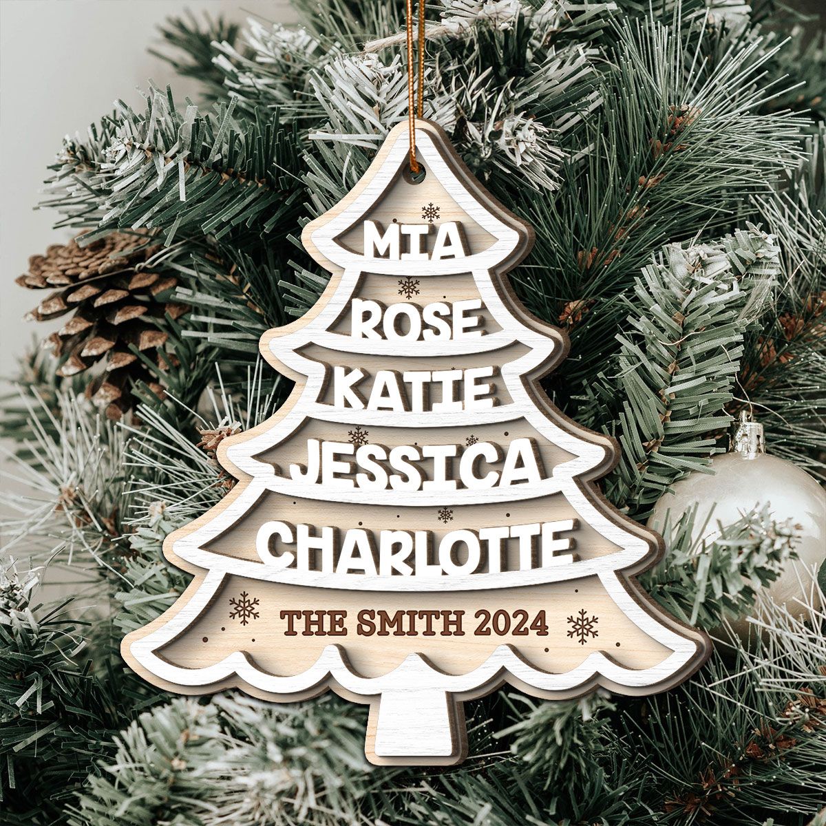 Family Members Names White Christmas Tree Personalized 2-Layer Wooden Ornament