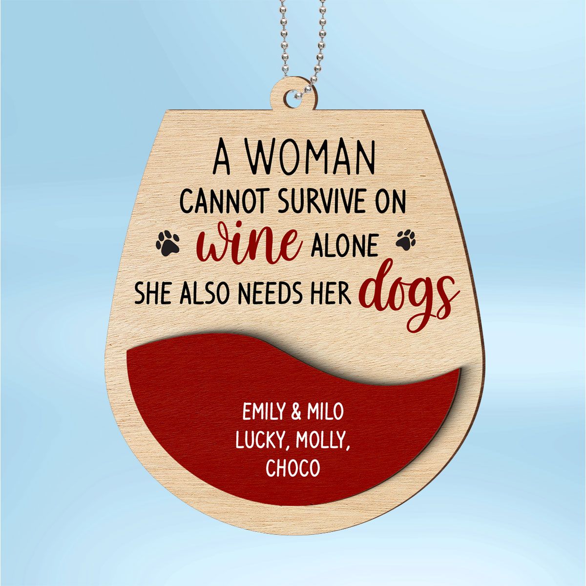 Woman Loves Wine and Dogs Personalized 2-Layered Wooden Ornament, Christmas Gift for Dog Moms