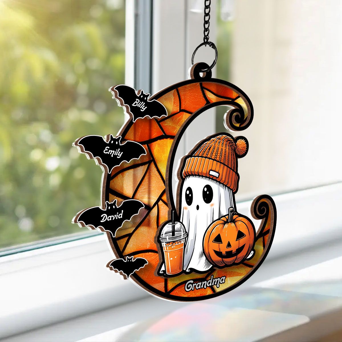 Halloween Grandma Boo & Bats Kids On Moon Personalized Suncatcher, Gift For Grandma