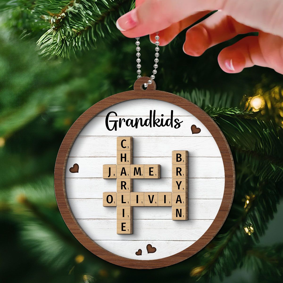 Grandkids Crossword Puzzle Art Personalized 2-Layer Wooden Ornament, Christmas Gift For Grandma, Gift For Mom