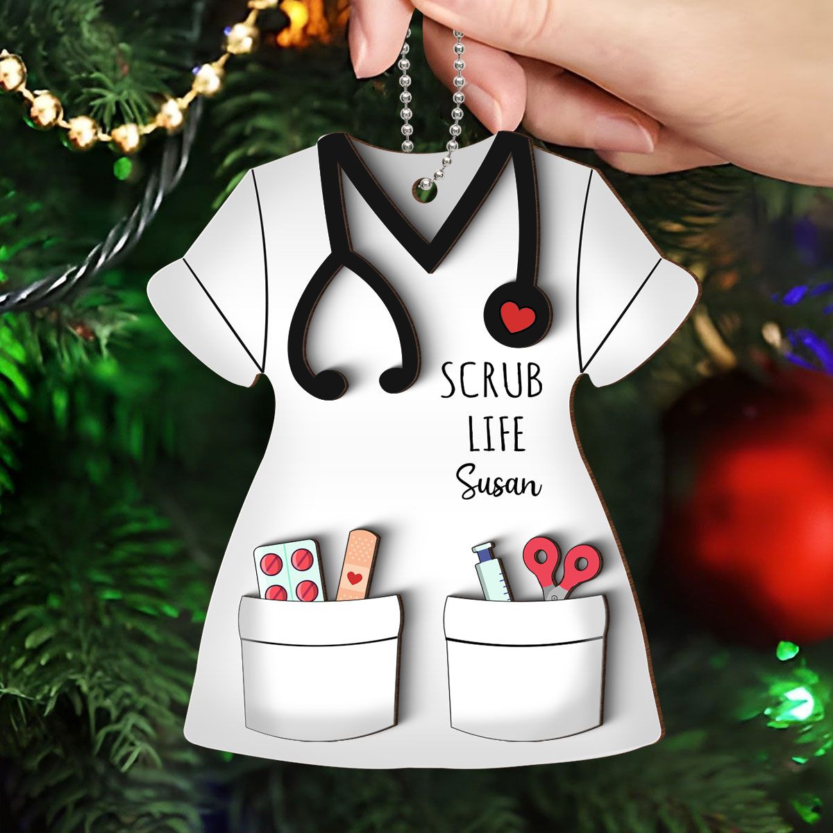 Nurse Scrub Life Personalized 2-Layer Wooden Ornament, Medical Christmas Ornament Gift For Nurses